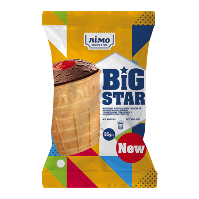 Мороженое в овальном вафельном стаканчике BIG STAR с шоколадным вкусом и наполнителем "Вишня" 85г